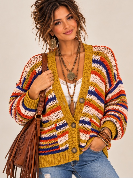 Zara Sweaters - ZARA Chunky Crop Knit Multicolor Cardigan L/XL Button Front Statement 
Sweater